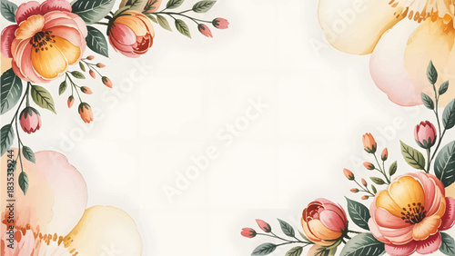 Watercolor peach floral frame background for wedding invitations, Elegant handpainted blush and orange flower border design, Romantic pastel botanical corner decoration template, Soft watercolor 