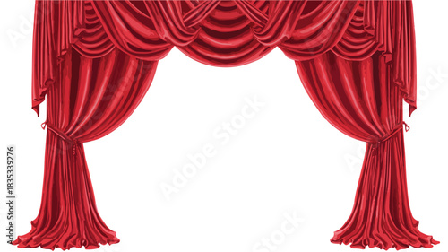 Elegant Red Theater Curtains Vector with Outline Isolated on White Background