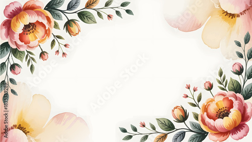 Watercolor peach floral frame background for wedding invitations, Elegant handpainted blush and orange flower border design, Romantic pastel botanical corner decoration template