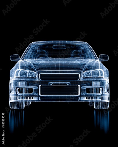 Front View of Transparent Blue Car with Detailed Wireframe on Black Background Showing Intricate Design and Futuristic Aesthetic with Dark Reflection