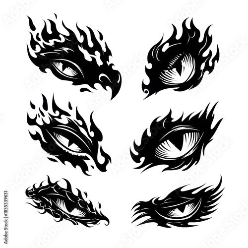 Set of 6 flaming eye illustrations in black ink style isolated on Transparent Background