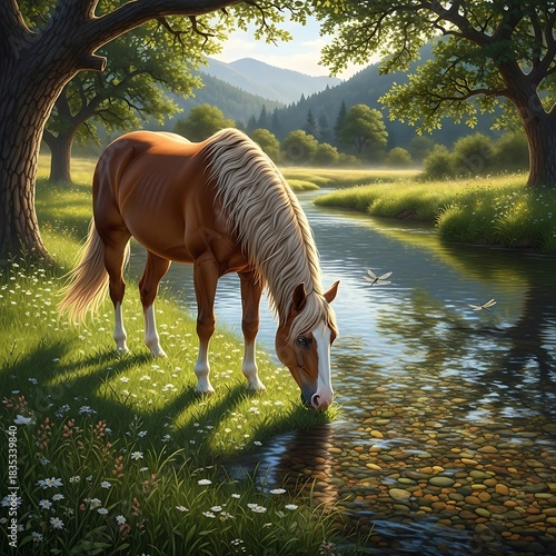Majestic Chestnut Horse with a Flaxen Mane Drinking from a Peaceful Stream.