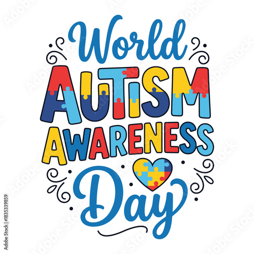World Autism Awareness Day Typography Design with Puzzle Pieces