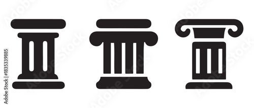 Classical Column Silhouettes. Doric, Ionic, and Corinthian Architectural Orders in Black Icon Style.