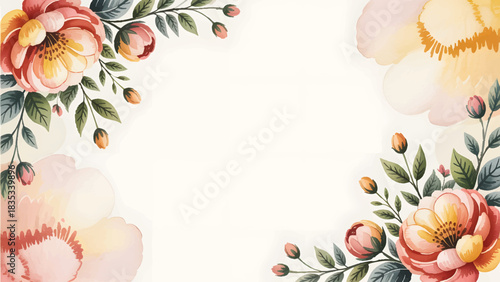 Watercolor peach floral frame background for wedding invitations, Elegant handpainted blush and orange flower border design, Romantic pastel botanical corner decoration template