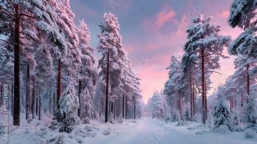 Tall pine trees heavily laden with fresh white snow stand in a winter forest landscape under a soft pastel sky at dusk in the cold.