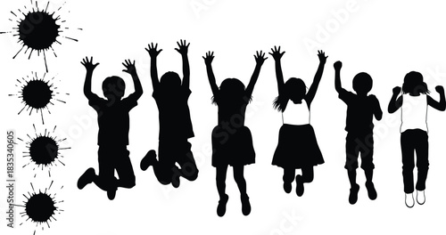 Jumping children silhouettes with playful poses, joyful kids illustration, energetic youth activity artwork, fun childhood movement design with paint splatter accents