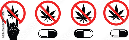 Drug prohibition icons illustration, no cannabis signs with capsules, anti-substance symbols artwork, warning graphic elements for safety, prevention awareness themes