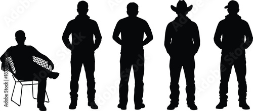 Male silhouette set featuring seated man, standing figures, cowboy hat character and casual hoodie poses, diverse masculine outline illustration collection