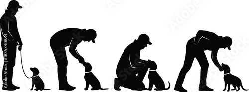 Sequence of Man Training and Bonding with a Puppy Silhouette Showing Obedience, Positive Reinforcement, and Dog Training Process Concept