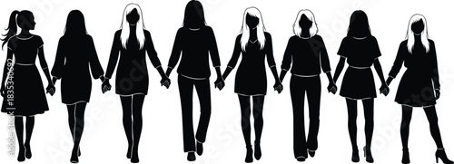 Silhouette women holding hands, unity and friendship illustration, female group walking together, supportive community concept artwork, solidarity and togetherness theme