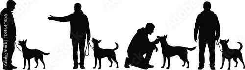 Silhouette collection illustrating dog owner and trainer teaching obedience commands, rewarding positive behavior, and building a strong, loving relationship with a loyal canine companion