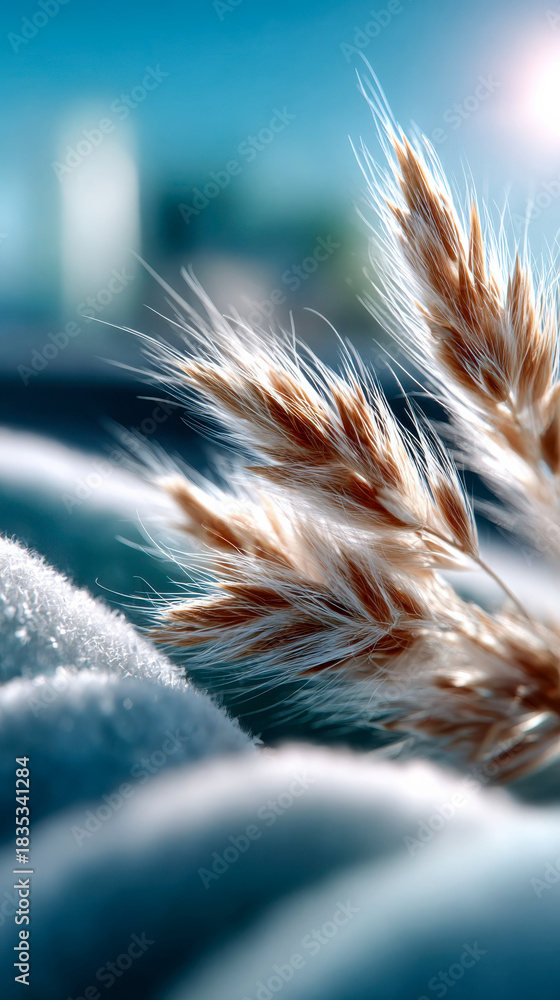 Fototapeta premium Close-up of soft wheat-like feathery plants glowing in bright sunlight against a dreamy blue background