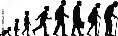 Silhouettes illustrating the male and female human life cycle, progressing from baby and child through professional adulthood to advanced age with a walking cane