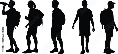 Silhouettes of diverse young backpackers and hikers standing together in profile and full-body view, ready for an adventure trip, travel, or outdoor recreational activity