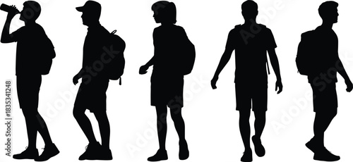 Silhouettes of diverse young male students and travelers walking, hiking, and drinking water, capturing themes of outdoor leisure, campus life, adventure, and health