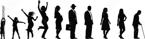 Silhouettes showing the stages of human life, from baby and child through youth, adulthood, pregnancy, business career, and aging with a cane