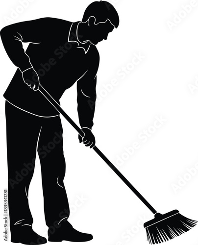 Single Silhouette of Man Sweeping Floor with a Broom Illustrating Concepts of Cleaning Service, Sanitation, Chores, and Domestic Maintenance Work