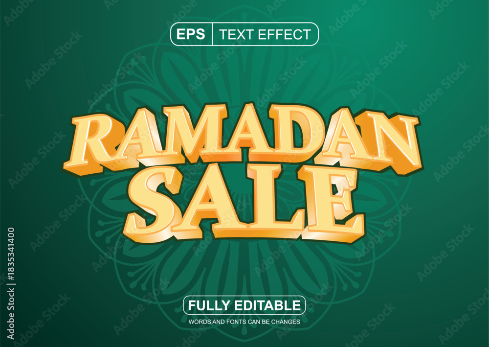 Obraz premium Ramadan Sale Editable Font. Gold font with green background. Graphic title theme for Ramadan sale promotions.