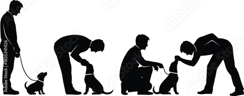 Vector silhouette collection illustrating a dog owner or trainer interacting with a small puppy, performing obedience lessons and establishing a close, caring relationship