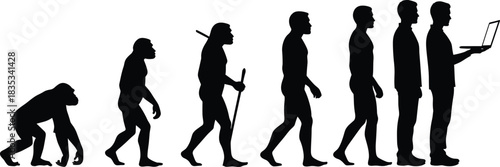 Vector silhouette illustration of human evolution stages from primate to modern businessman holding a laptop computer isolated on white background