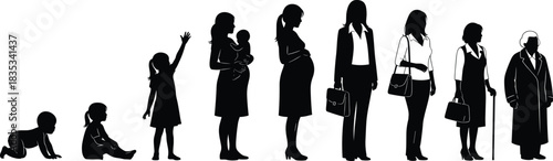 Vector silhouette timeline of a woman's life stages from baby, child, and mother holding a baby, to pregnant, working professional, and finally, a graceful elderly woman