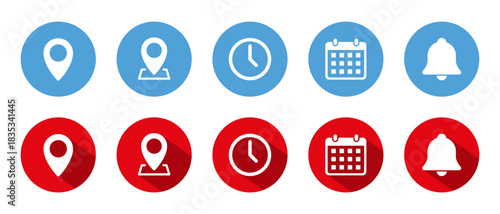Location, map pin, time, calendar, and bell icon with long shadow. GPS pointer, place marker, clock, date, and notification symbol