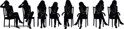 Vector silhouettes of multiple women sitting on chairs in relaxed, pensive, and casual poses, perfect for illustrating concepts of waiting, discussion, conversation, and contemplation