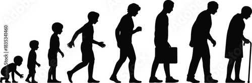 Vector Silhouettes of the Male Aging Process: Seven Stages of Life from Babyhood and Childhood to Working Adult and Frail Elderly Man with Cane, Representing the Human Life Cycle