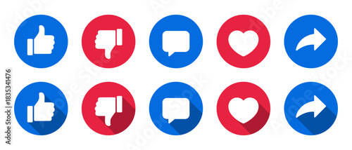 Like, dislike, comment, love, and share icon with long shadow. Thumbs up, down, chat bubble, heart and send arrow symbol