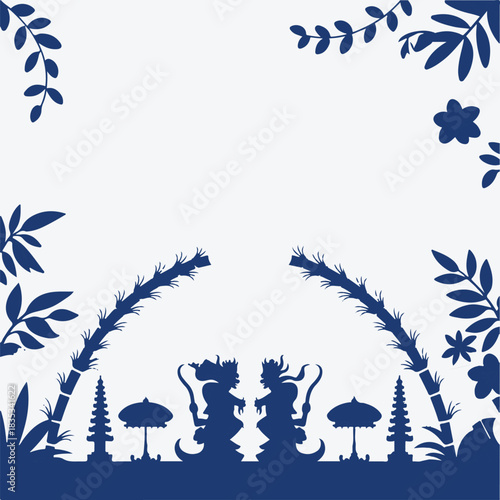 Minimalist Bali Inspired Silhouette Vector with Temple and Traditional Figures