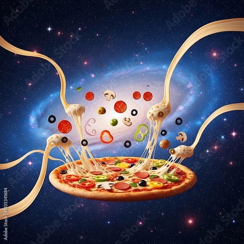Cosmic Pizza Creation with Ingredients Floating in Space and Galactic Backdrop.