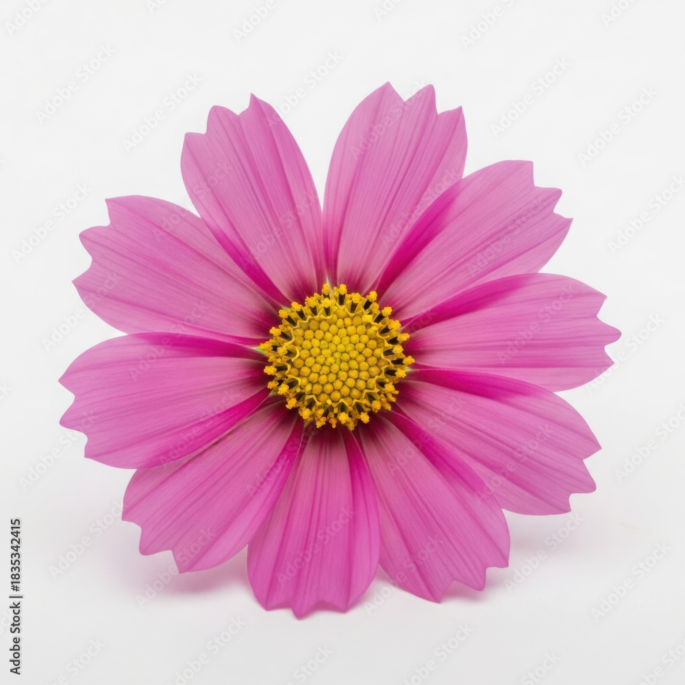 Obraz premium Vibrant pink cosmos flower with yellow center detailed petals macro photography