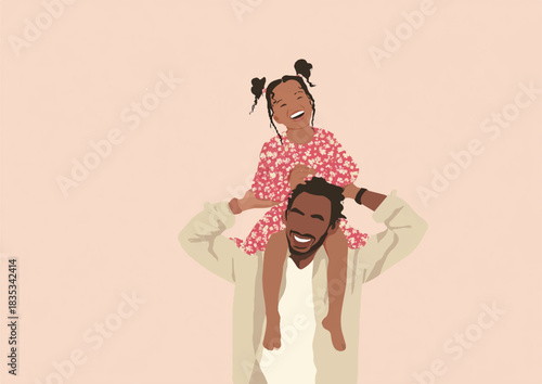Black father carrying daughter on shoulders minimalist flat illustration