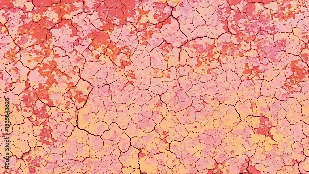 Obraz premium Arid Land Abstract Background with Cracked Earth in Pink and Orange