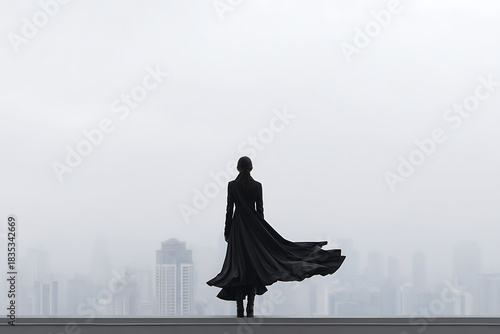 cityscape fashion, a woman on a rooftop, with a cape-like coat fluttering in the wind, embodies inner strength and ambition as she gazes at the city