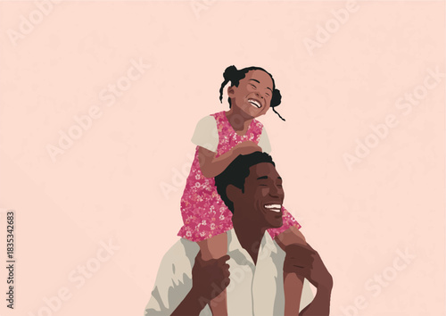 Father carrying daughter on shoulders minimalist flat illustration