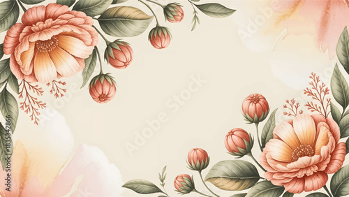Watercolor peach floral frame background for wedding invitations, Elegant handpainted blush and orange flower border design, Romantic pastel botanical corner decoration template, Soft watercolor 