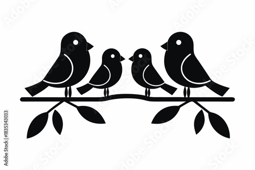 Love birds on branch silhouette vector illustration isolated on white background