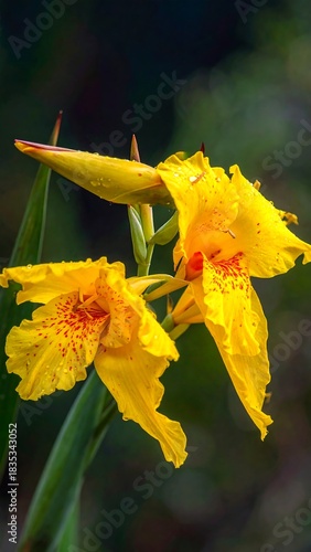 Close-up of vibrant yellow flowers with red spots and green leaves