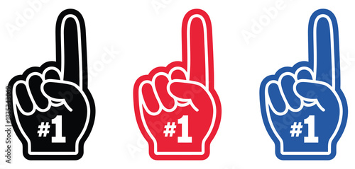 Bold foam finger hand sign, showing the number one gesture for sports fans, team support, energetic cheering, competition highlights, and modern victory-themed graphic uses