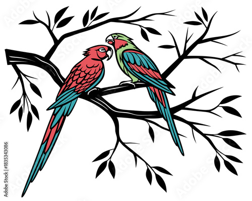 Love birds on branch silhouette vector illustration isolated on white background