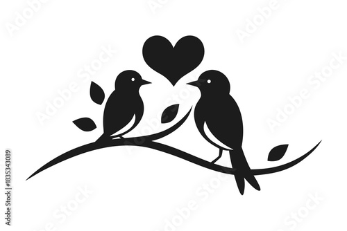 Love birds on branch silhouette vector illustration isolated on white background