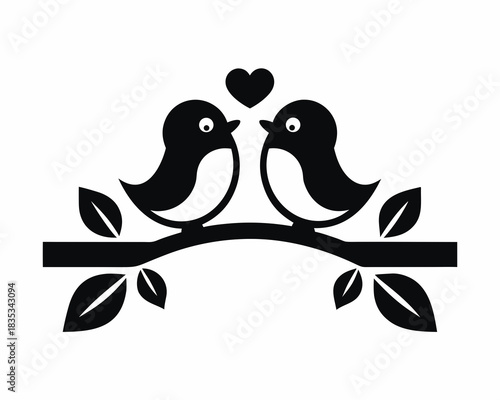 Love birds on branch silhouette vector illustration isolated on white background