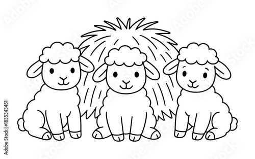 Cute line art lambs in front of haystack for kids coloring book