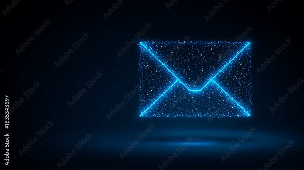 Fototapeta premium Glowing Blue Envelope Shape Formed By Sparkling Particles on Dark Background