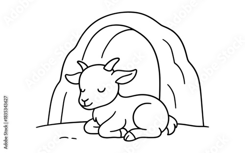 Adorable sleeping goat outline with cave background