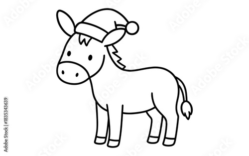 Cute christmas donkey with santa hat outline for holiday coloring pages