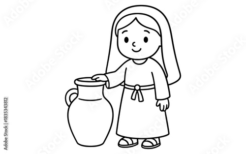 Cute cartoon girl in biblical attire with pottery jug outline