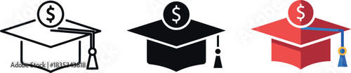 Set of graduation cap icons with dollar symbol representing education funding scholarship tuition cost and financial study concepts in vector design